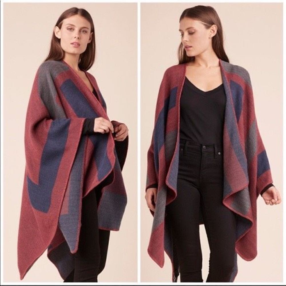 BB Dakota Striped Poncho reversible WRAP SWEATER Mulberry‎ Gray Noir
